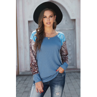 Blue Raglan Sleeve Leopard&Snakeskin Splicing Waffle Top