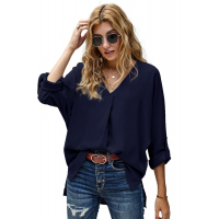 Blue V Neck 3/4 Sleeve High Low Hem Shirt