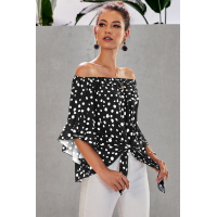 Black Polka Dot 3/4 Bell Sleeve Off Shoulder Front Tie Knot Top