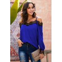 Blue Lace Cold Shoulder Blouse