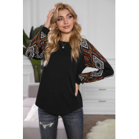 Black Ethnic Print Raglan Top