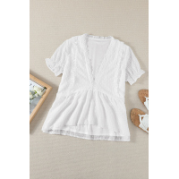 White Ruffled V Neck Frill Hem Swiss Dot Blouse