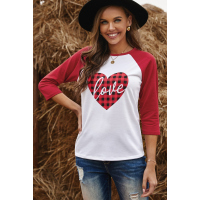 Buffalo Plaid Love Heart Colorblock Raglan 3/4 Sleeve Top