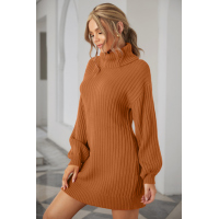 Brown Turtleneck Balloon Sleeve Sweater Dress