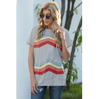 Gray Colorful Wavy Stripes Print Short Sleeve Tee