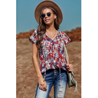 Blue V-neck Short Sleeve Fashion Print Fantasy Fluttering Blouse