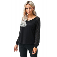 Black Sheer Stripe V-Neck Top 