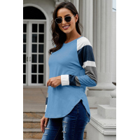 Color Block Long Sleeves Blue Pullover Top