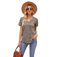 Leopard Print V Neck Tee with Pocket