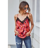 Red Print Lace Cami Tank