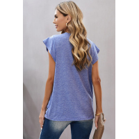 V Neck Buttoned Lace Trim Short Sleeve Tee