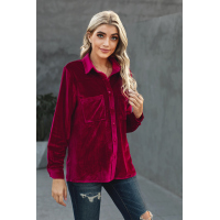 Wine Retro Velvet Pocket Long Sleeve Shirt