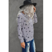 Gray Round Neck Star Print Long Sleeve Top