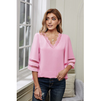 Pink V Lace Neckline 3/4 Bell Mesh Sleeves Blouse