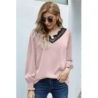 V Neck Lace Patchwork Pink Blouse