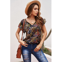 Multicolor V-neck Short Sleeve Fashion Print Fantasy Fluttering Blouse