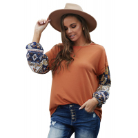 Brown Boho Floral Print Balloon Sleeve Top with Lace Details