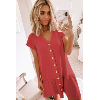 Red Pocketed Button Ruffle Dress