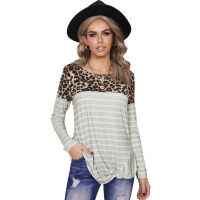 Leopard Print Splicing Apricot Striped Long Sleeve Top with Front Twist 