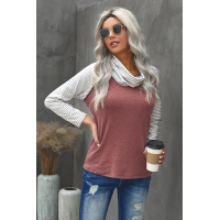 Gray Cowl Neck Stripe Splice Casual Long Sleeve Top