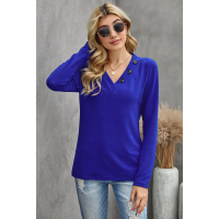 Blue V-neck Button Solid Color Long Sleeve Top