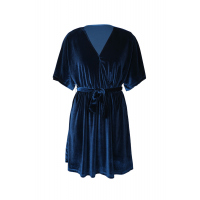 Blue V-neck Half Sleeve Velvet Mini Dress with Belt