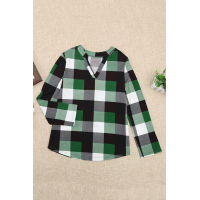 Green Contrast Plaid V Neck Long Sleeve Top