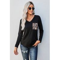 Black Leopard Patch Pocket Long Sleeve Top