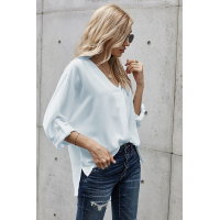 White V Neck 3/4 Sleeve High Low Hem Shirt