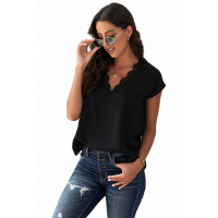 Black V Neck Lace Trim T-shirt