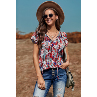 Blue V-neck Short Sleeve Fashion Print Fantasy Fluttering Blouse