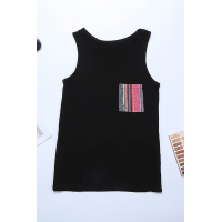 Black Casual Women Tank Top with Multicolor Pocket