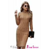 Brown High Neck Textured Bodycon Sweater Dress