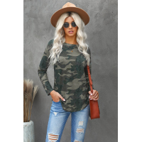 Green Camo Print Long Sleeve Top