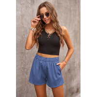 Blue Cotton Blend Pocketed High Rise Shorts 