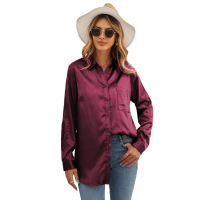 Wine Satin Button Shirt with Pocket