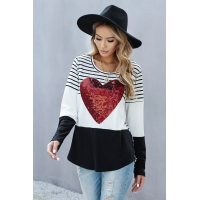 Black Heart Sequins Striped Long Sleeve Top