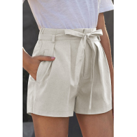 Beige Tie Waist Casual Shorts with Pockets