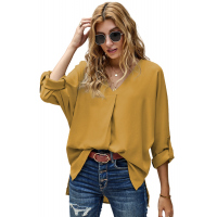 Yellow V Neck 3/4 Sleeve High Low Hem Shirt