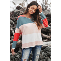 Color Block V Neck Long Sleeve Top with Side Slits