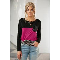 Rosy Leopard Print Color Block Sequin Pocket Top