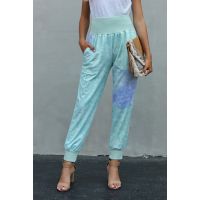 Sky Blue Tie-dye Pocket Casual Pants With Slit