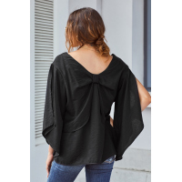 Black V-Neck Bowknot Three-Quarter Sleeve Blouse