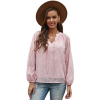 Pink V Neck Lantern Sleeve Textured Solid Top