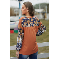 Brown Boho Floral Print Balloon Sleeve Top with Lace Details