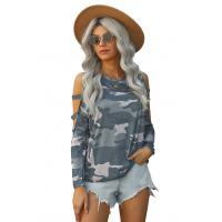 Gray Camouflage Shoulder To Hollow Out Long Sleeve Top