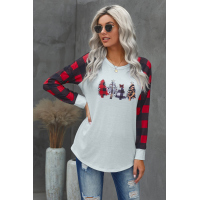 Red Christmas Pattern Plaid Splice Long Sleeve Top