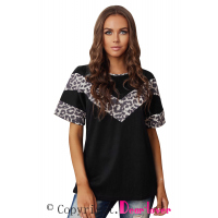 Black Leopard Splicing Waffle Knit Short Sleeve Tee