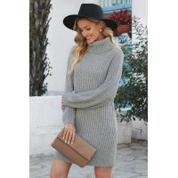 Gray Turtleneck Balloon Sleeve Sweater Dress