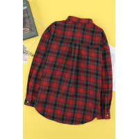 Red Cotton Blend Plaid Buttoned Shirt with Bust Pockets